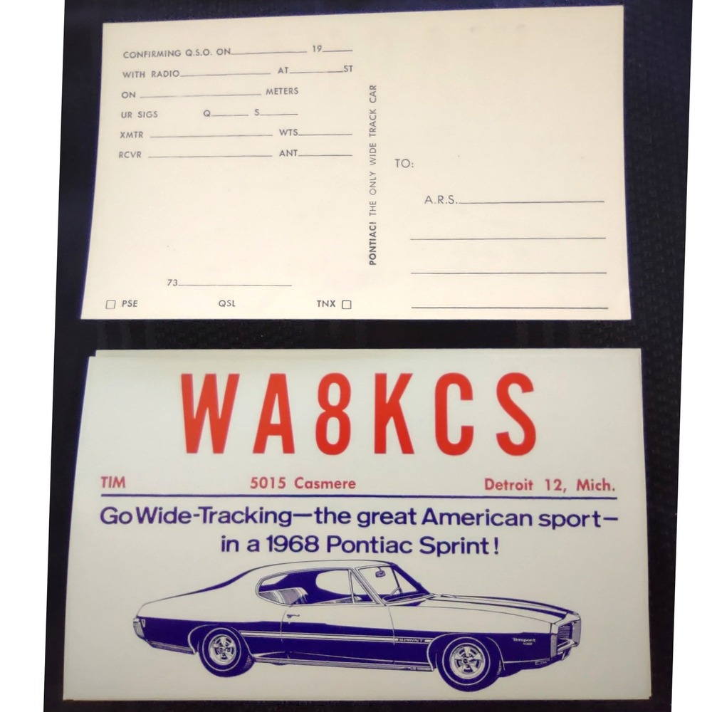 Vintage 1968‎ Pontiac Sprint QSL Ham Radio Card WA8KCS Detroit Michigan Unused